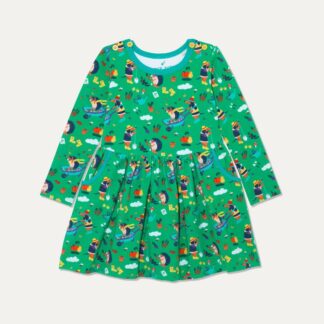 Organic Cotton Skater Dress with Pockets and Gardening Dog and Hedgehog